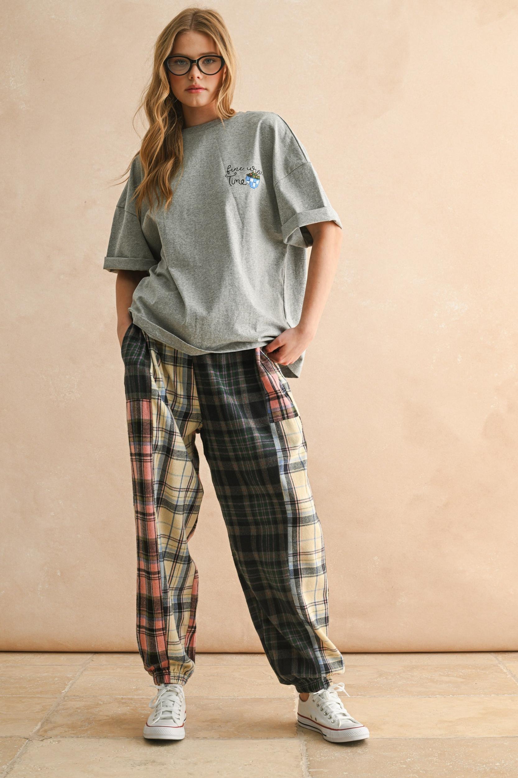 Mixed Plaid Patchwork Relaxed Pants Product Image