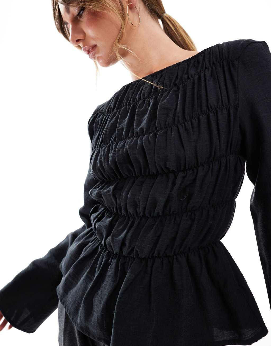 ASOS DESIGN modal shirred blouse in black Product Image