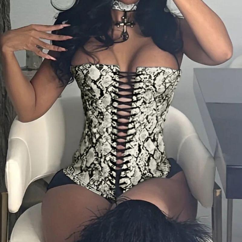 Snake Print Lace-Up Corset Tube Top Product Image