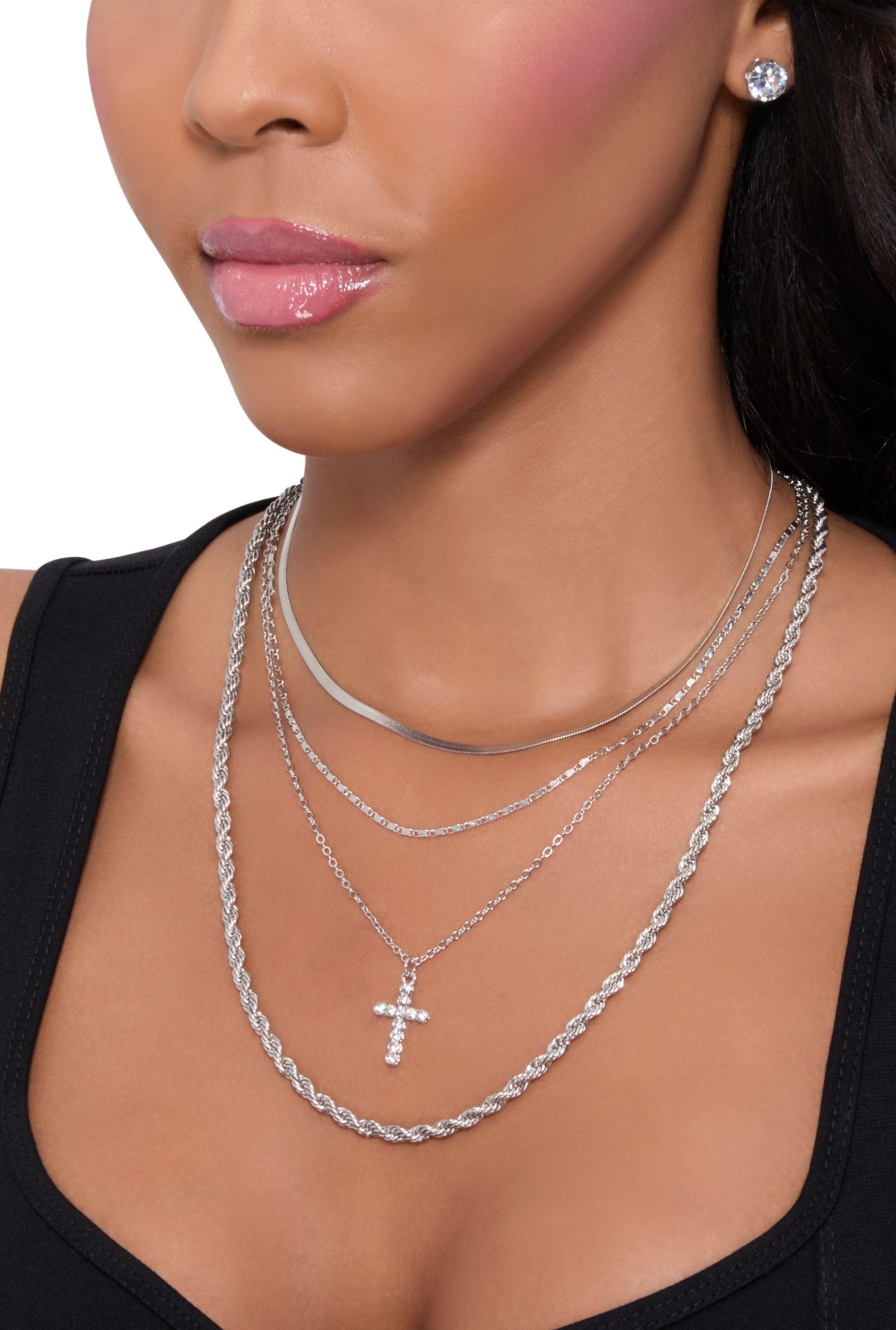 Womens Cross Charm Layered Necklace with Stud Earring Trio Product Image