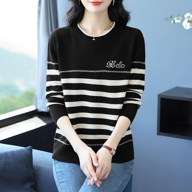 Long-Sleeve Crewneck Striped Knit Top Product Image