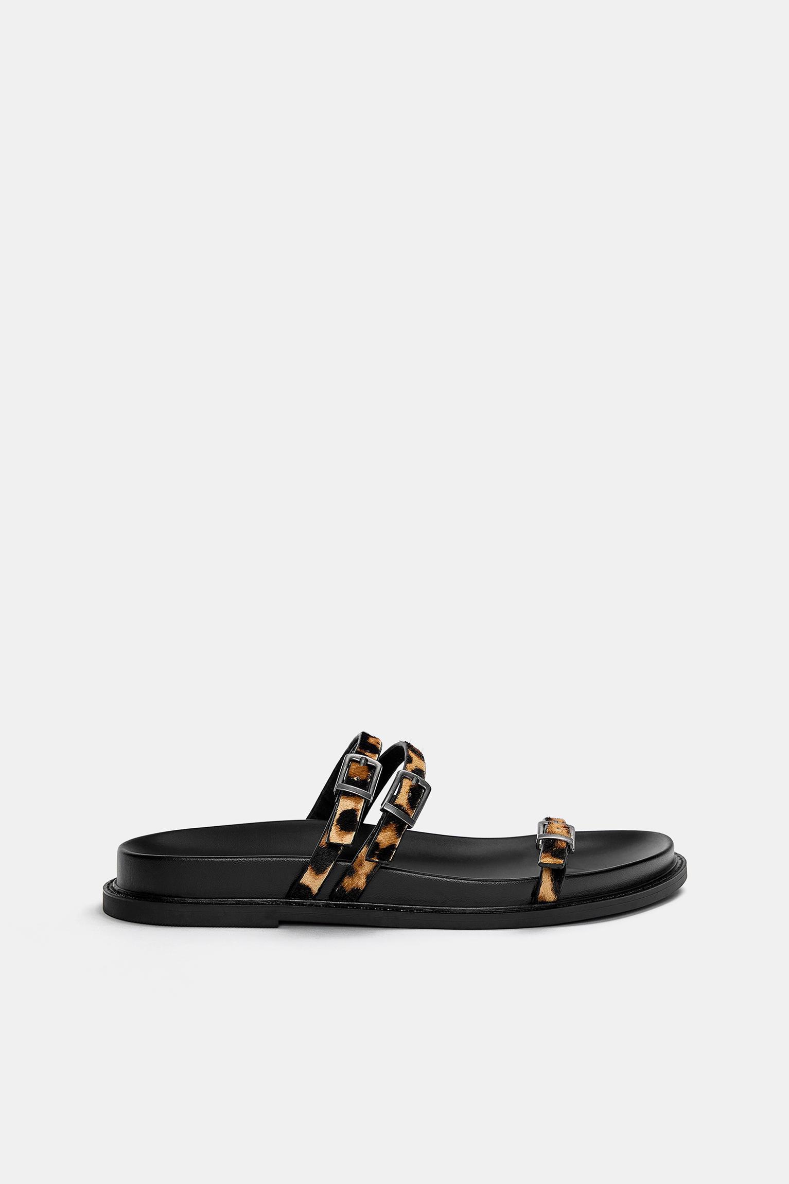 Leopard print leather flat slider sandals Product Image