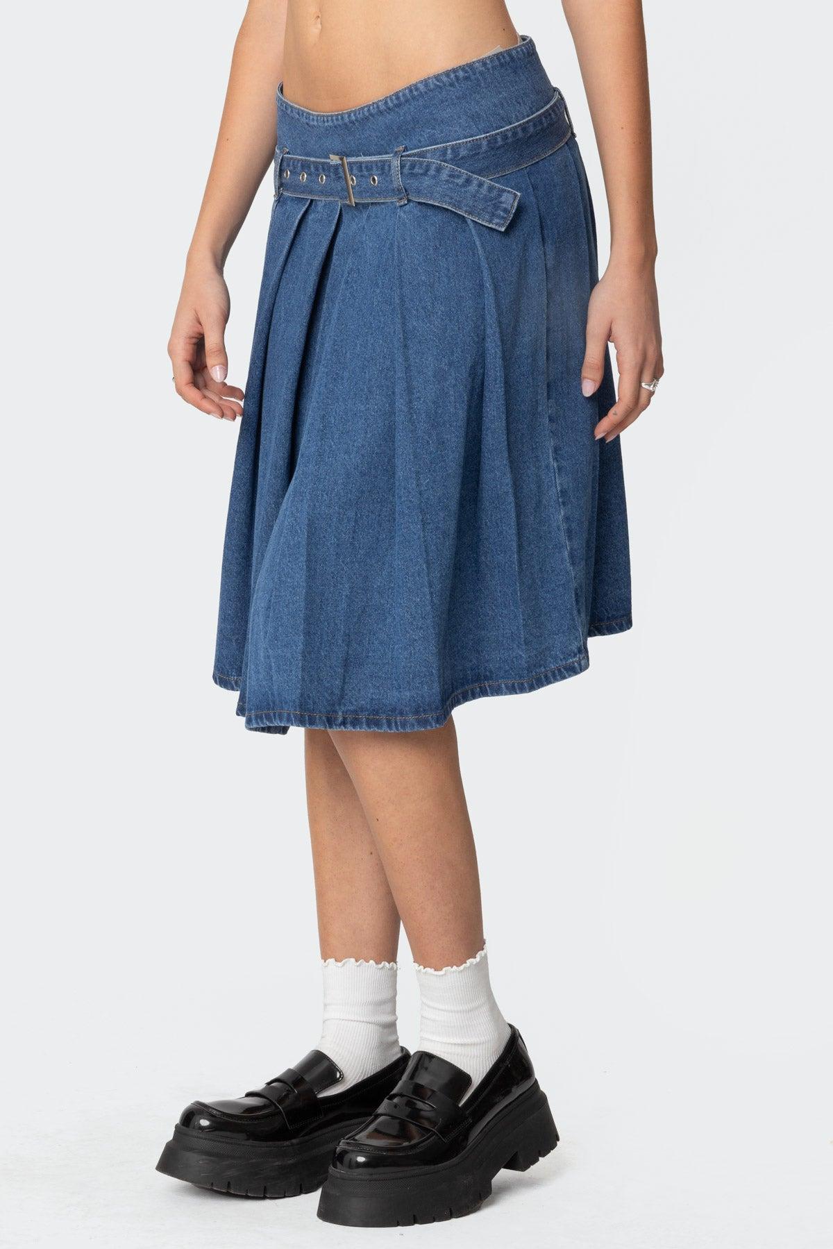 Belted Pleated Denim Midi Skirt Product Image