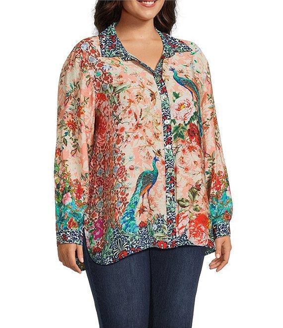 John Mark Plus Size Floral Multi Woven Point Collar Long Roll-Tab Sleeve Button Front Shirt Product Image