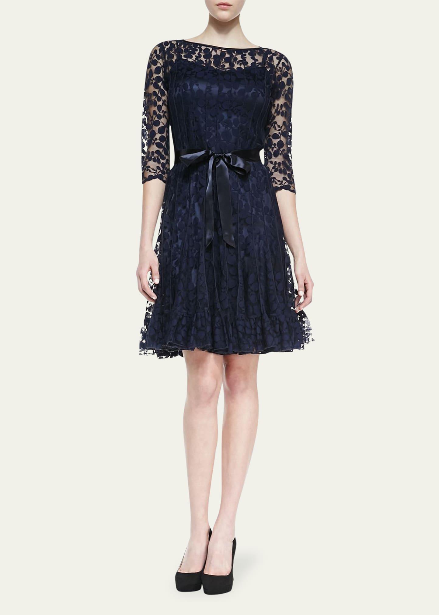 3/4-Sleeve Lace Overlay Cocktail Dress Product Image