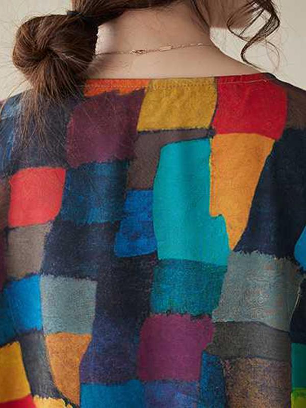 Loose Sleeveless Contrast Color Multi-Colored Plaid Round-Neck Midi Dresses Product Image