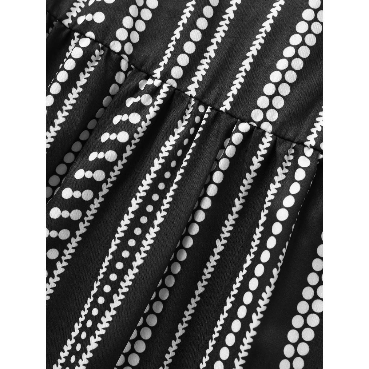 Plus Size Striped Elastic Waist Ruffle Sleeve Dress Black Women Work From Home Ruffles Flat collar with V-notch Short sleeve Curvy BloomChic 14-16/1X Product Image