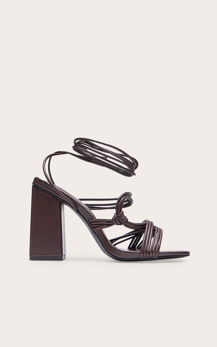 Chocolate Pu Square Toe Strappy Lace Up Block Heeled Sandals Product Image