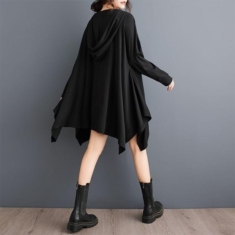 Long-Sleeve Asymmetrical Hooded Plain A-Line Dress Product Image