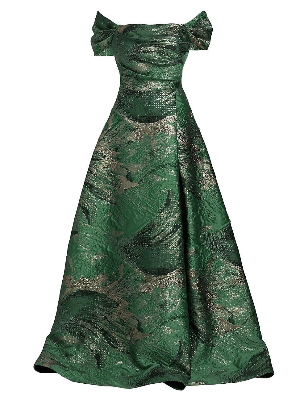 Womens Leaf Metallic Jacquard Off-the-Shoulder Gown Product Image