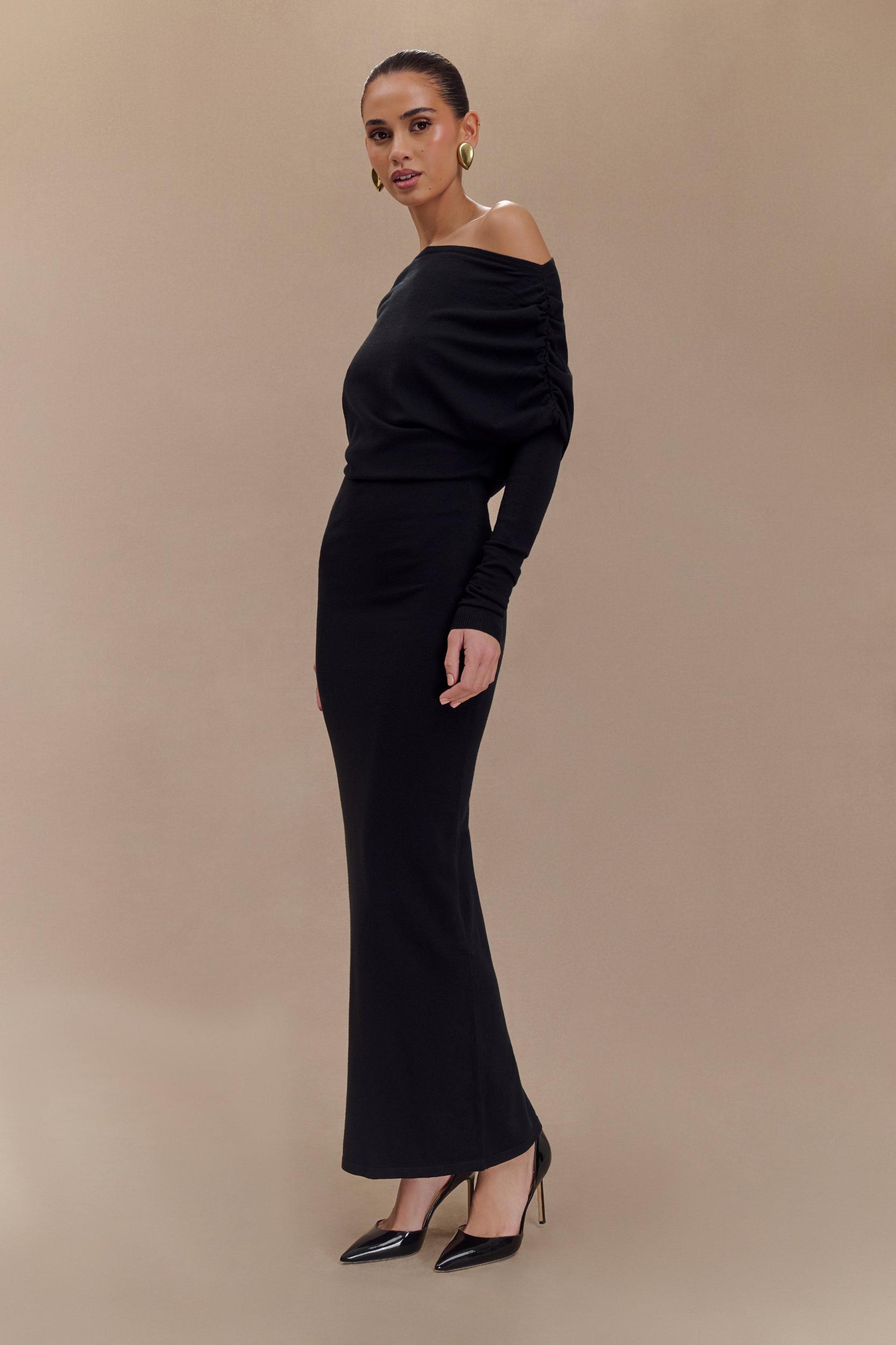 Jessie Cowl Neck Knit Midi Dress - Black Product Image