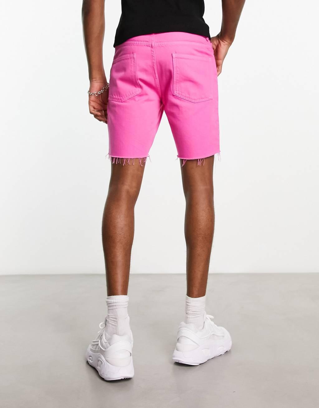 ASOS DESIGN classic rigid regular length shorts in bright pink with varsity print  Product Image