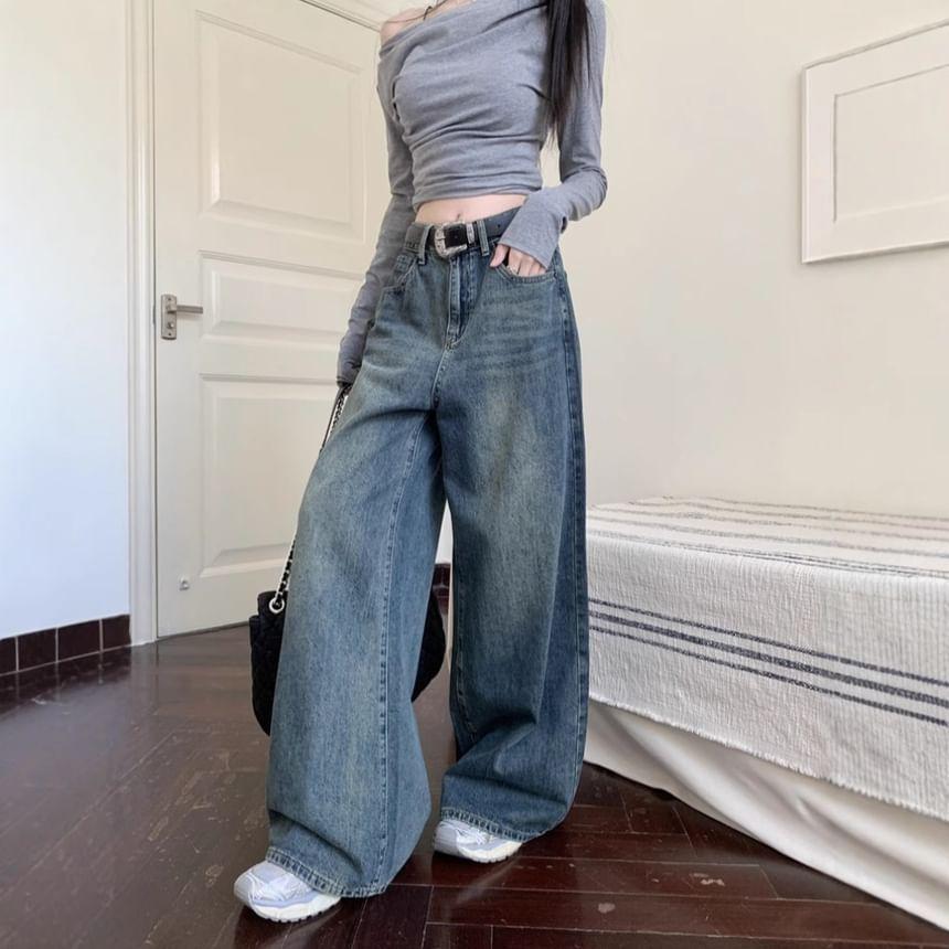 High Waist Washed Wide Leg Jeans Product Image