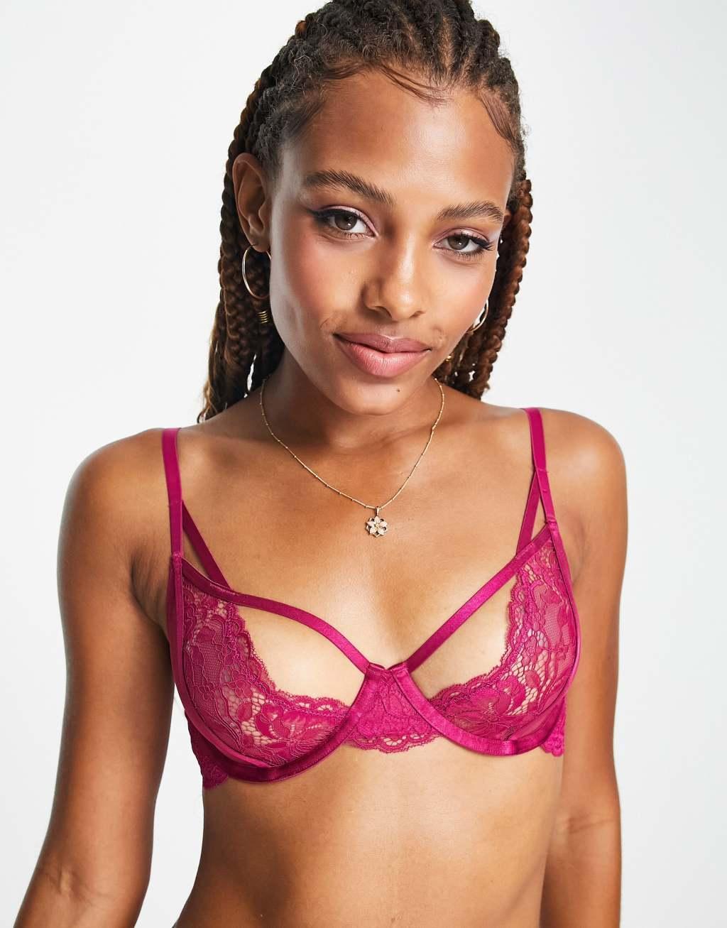 Dorina Desiree lace non padded bra with strap detailing in fuchsia pink Product Image