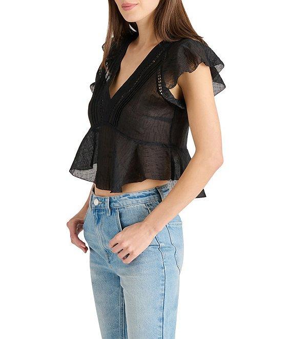 Steve Madden Leyla V Neck Short Flutter Sleeve Jacquard Peplum Top Product Image