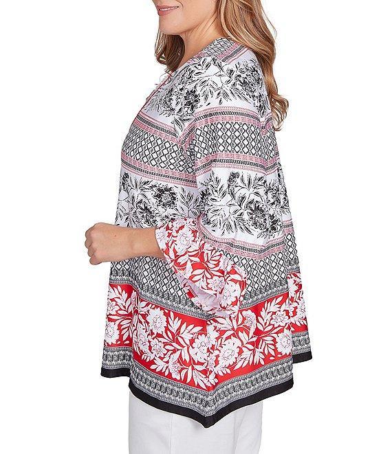 Ruby Rd. Plus Size Printed Embellished Keyhole Neck 3/4 Ruffle Sleeve Sharkbite Hem Top Product Image