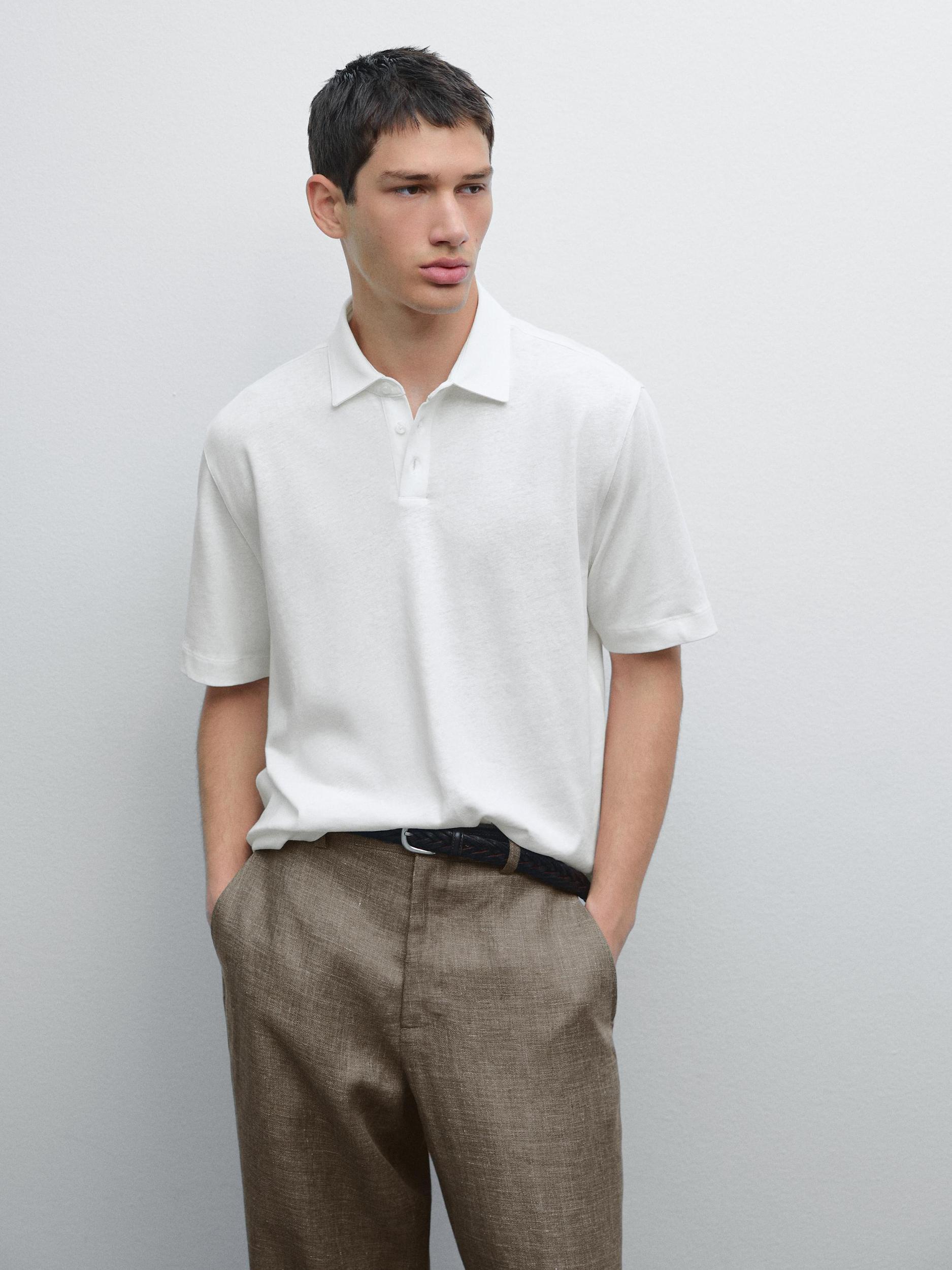 Short sleeve linen blend polo shirt Product Image