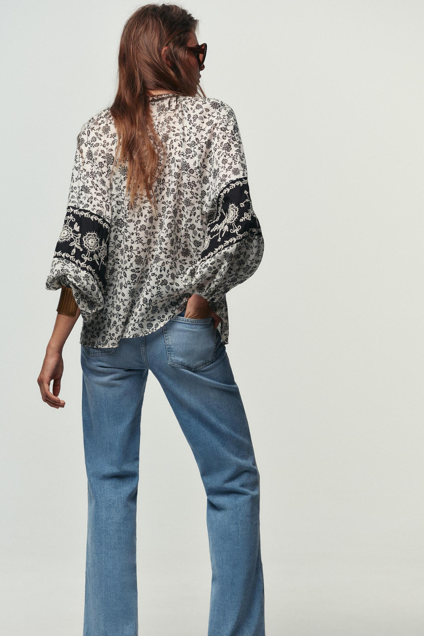 FLORAL PRINT BEADED EMBROIDERY BLOUSE Product Image