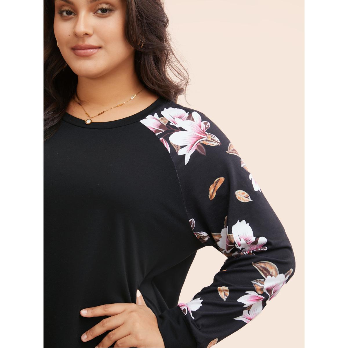 Plus Size Floral Patchwork Crew Neck Raglan Sleeve Sweatshirt Women Black Elegant Elastic cuffs Round Neck Dailywear Sweatshirts BloomChic 28/5X Product Image
