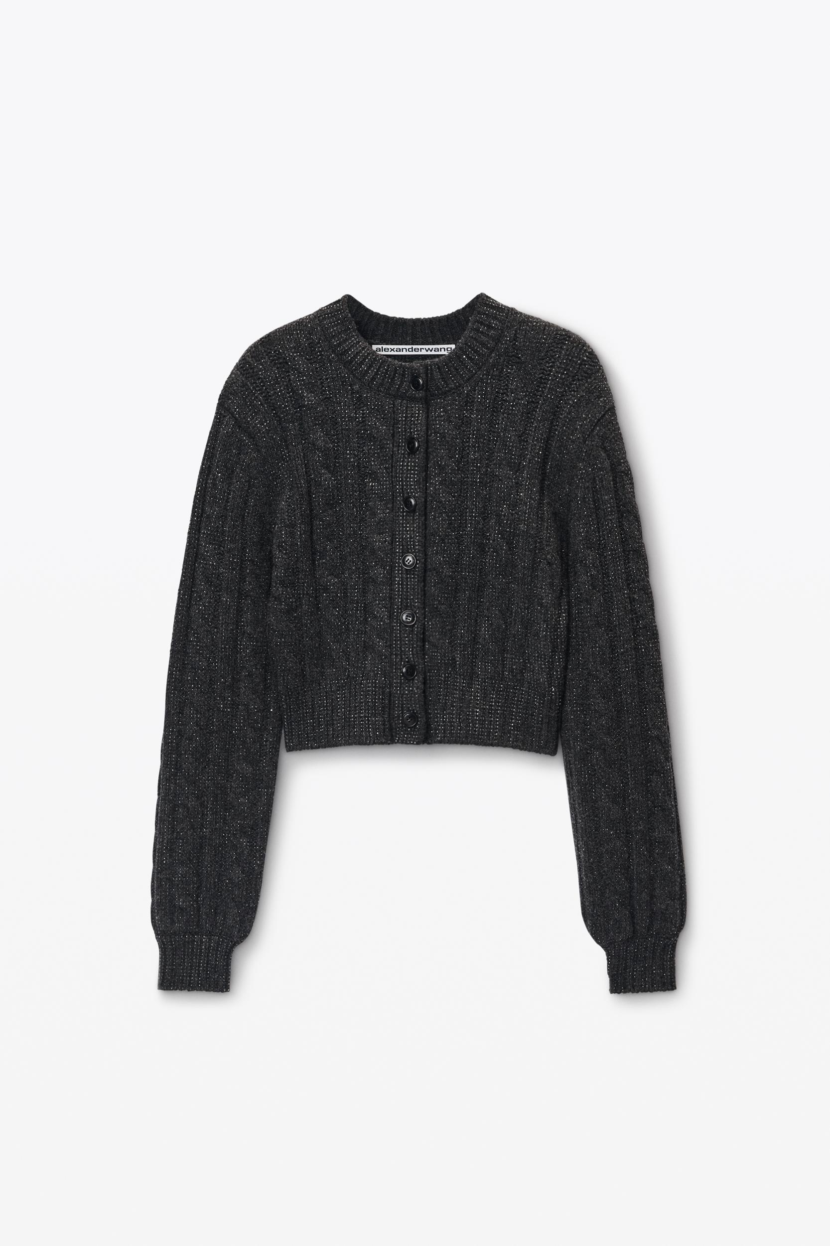 Clear Bead Hotfix Cable-knit Cardigan In Boiled Wool Product Image
