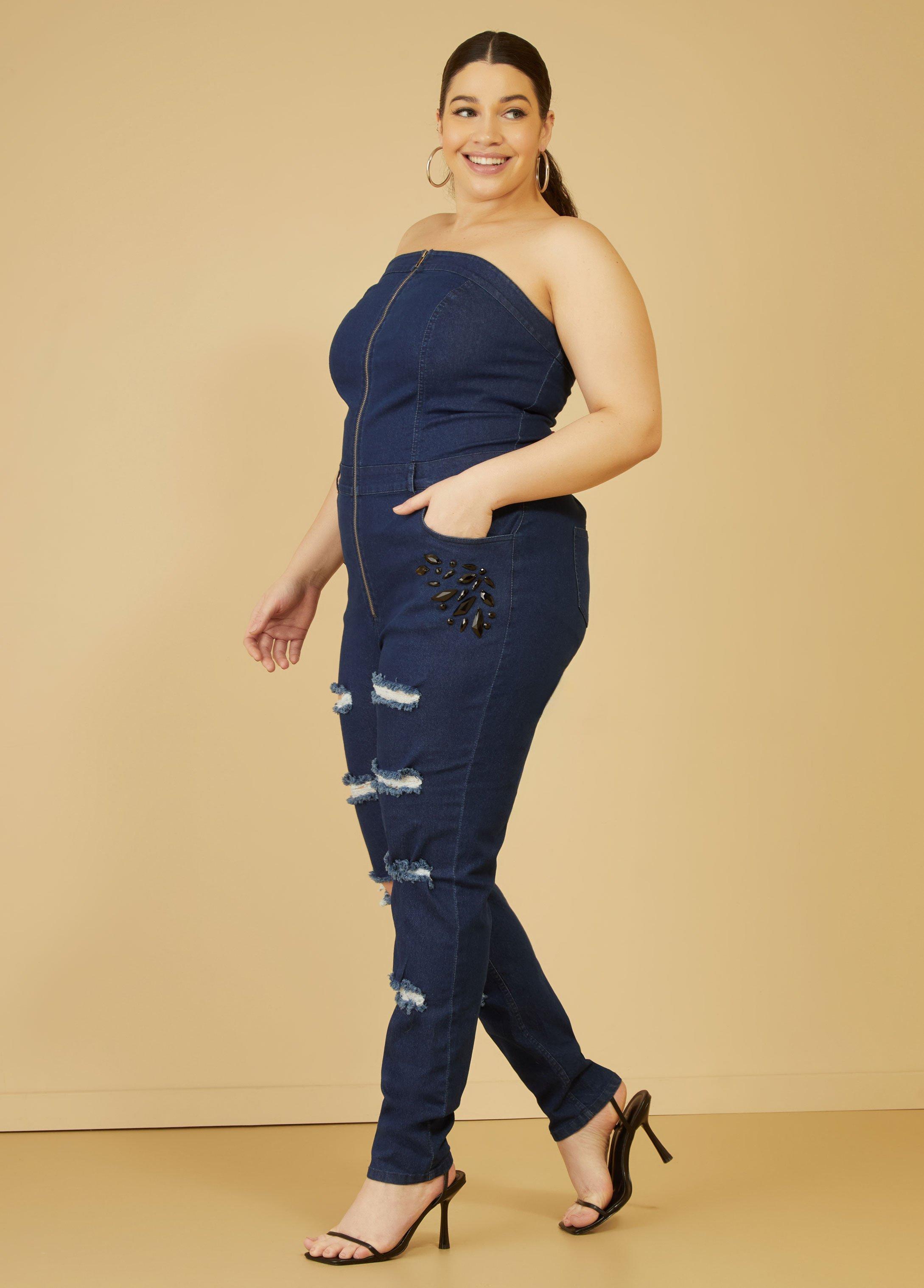 Plus Size Embellished Denim Jumpsuit Ashley Stewart Product Image