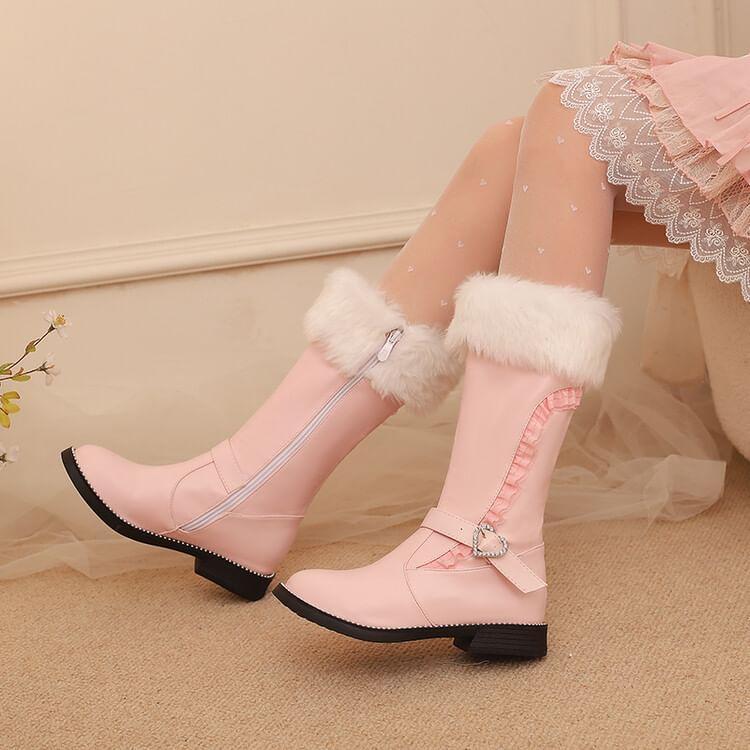 Low Heel Frill Trim Heart Buckled Faux Leather Mid-Calf Boots Product Image