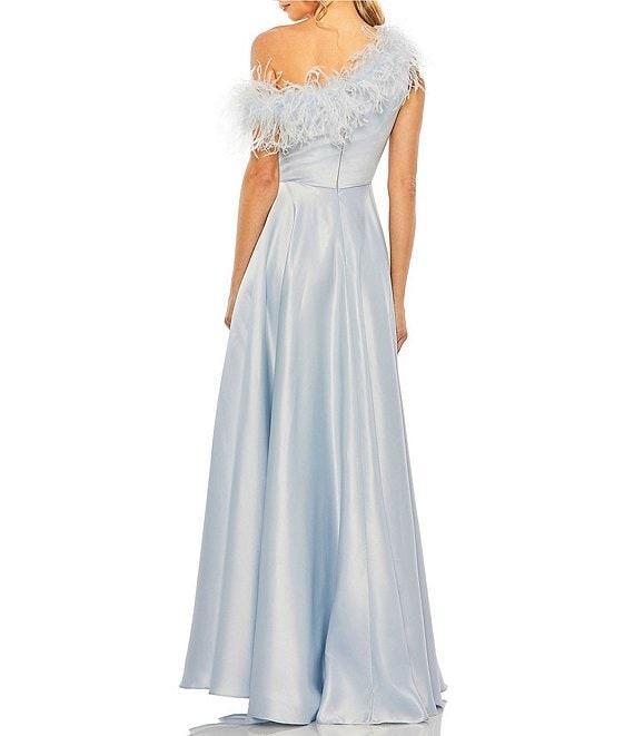 Mac Duggal Satin One Shoulder Sleeveless Feather Trim Gown Product Image