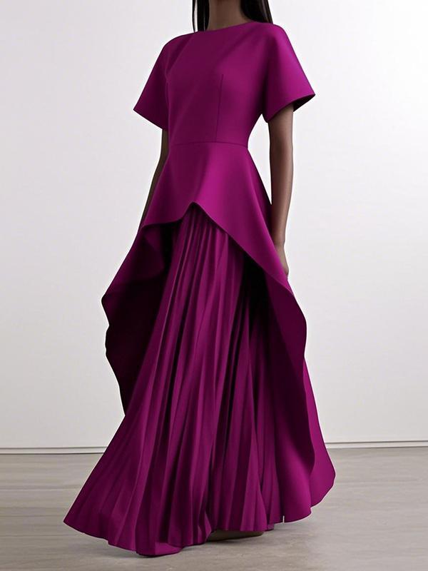 A-Line High Waisted Pleated Solid Color Split-Joint Round-Neck Maxi Dresses Product Image