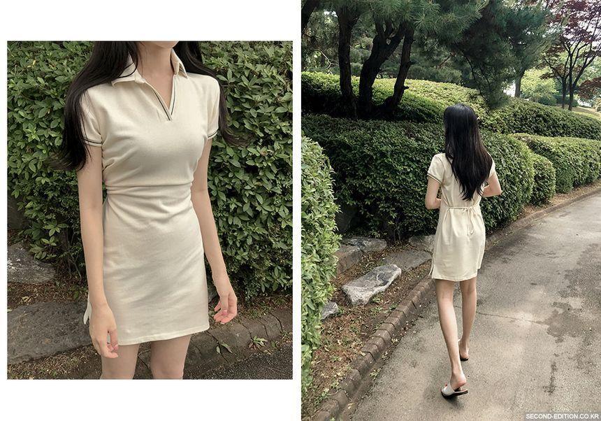 Short-Sleeve Collar Plain Mini A-Line Dress Product Image