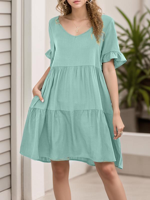 A-Line Flared Sleeves Pleated Pockets Ruffled Solid Color Split-Joint Round-Neck Mini Dresses Product Image