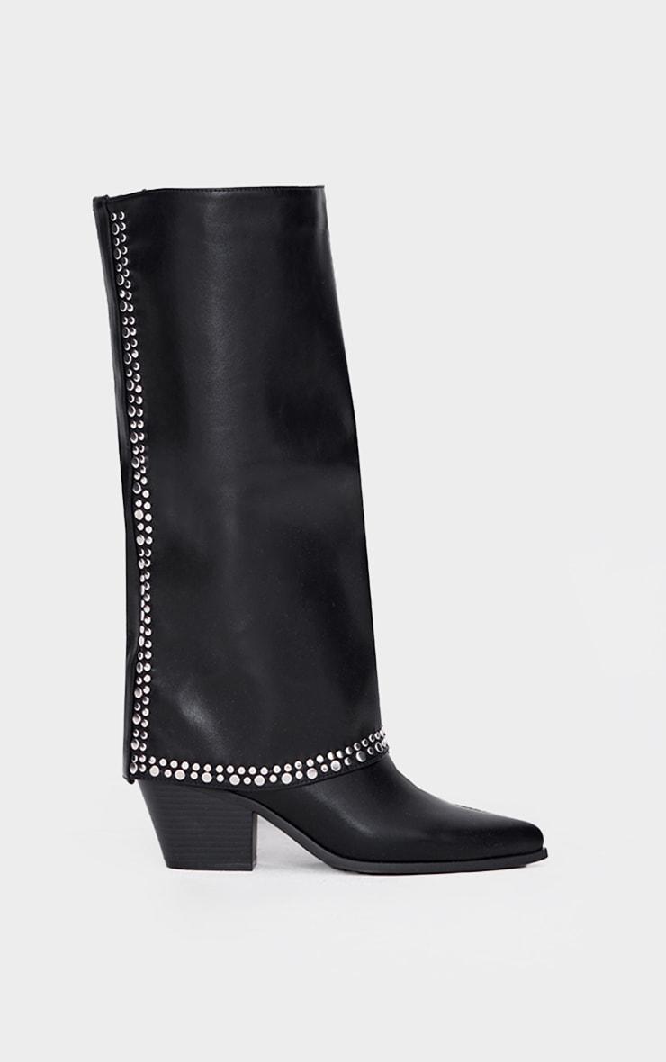 Black PU Point Toe Studded Fold Over Low Block Heeled Boots Product Image