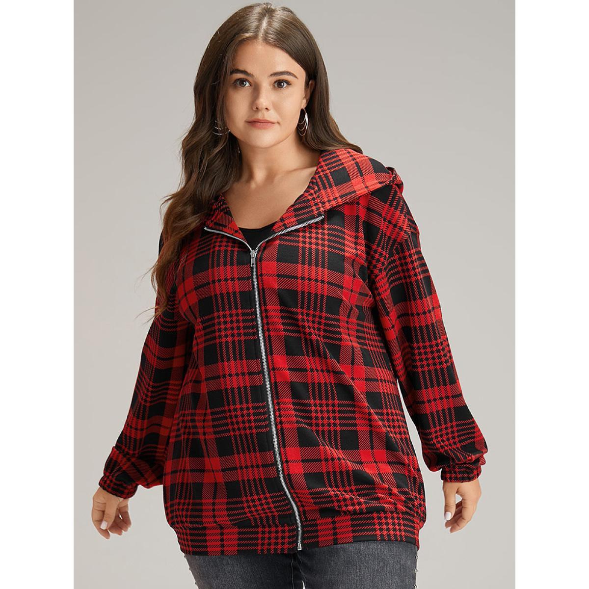 Plus Size Plaid Zipper Hooded Jacket Women Raspberry Elastic cuffs Everyday Jackets BloomChic 12/L Product Image