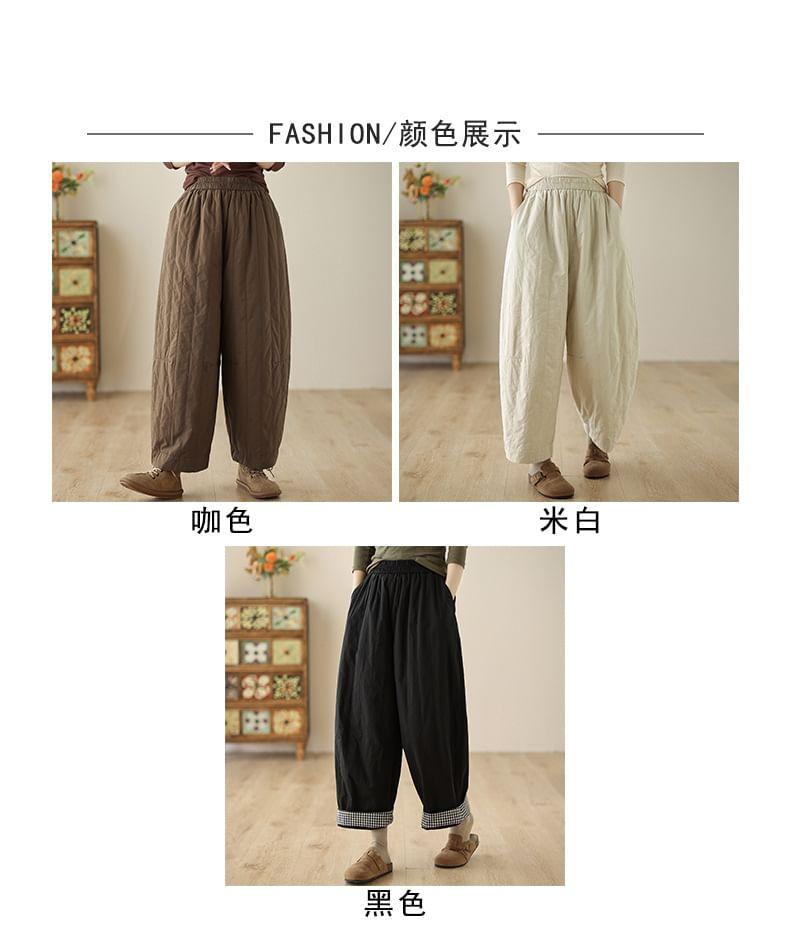 Elastic Waist Gingham Panel Cropped Baggy Pants Product Image