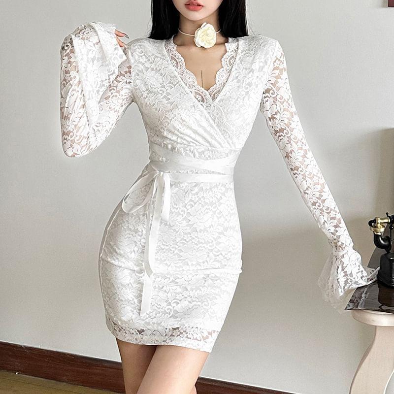 Long-Sleeve V-Neck Lace Mini Bodycon Dress Product Image