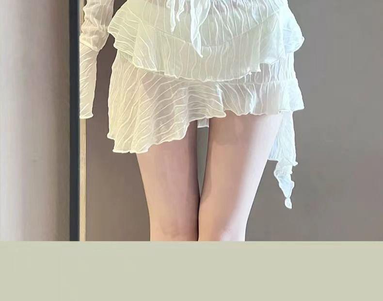 Set: Plain Shirred Bikini + Tie-Front Cover-Up + Skirt Product Image