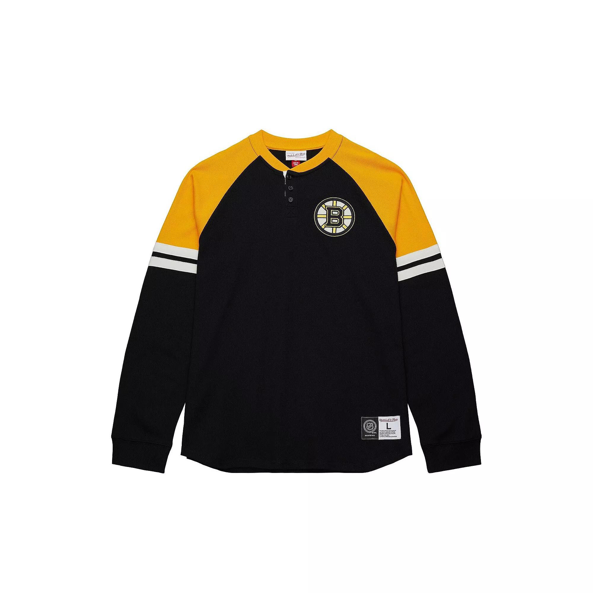 Men's Mitchell & Ness Black Boston Bruins Thermal Henley Long Sleeve T-Shirt,  Product Image