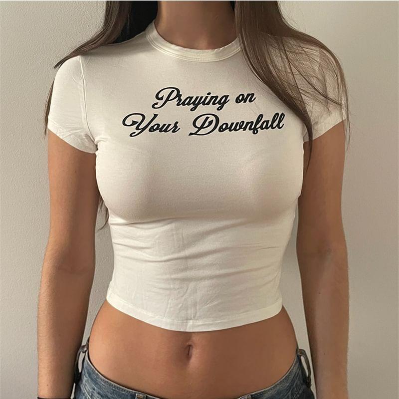 Short Sleeve Crew Neck Lettering Print Crop Tee Product Image