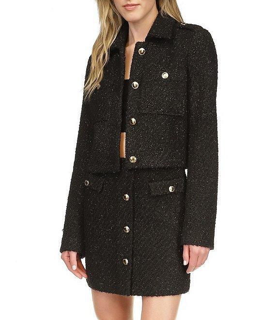 Michael Kors Eyelash Tweed Notch Collar Long Sleeve Gold Button Cropped Coordinating Jacket Product Image