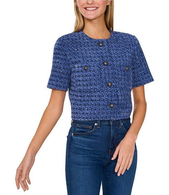 CeCe Tweed Round Neck Short Sleeve Button Front Jacket Product Image