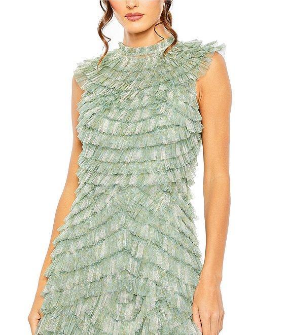 Mac Duggal Mock Neck Micro Ruffle Sleeveless Mesh A-Line Midi Dress Product Image