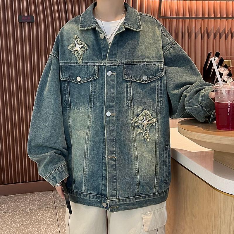 Collared Star Applique Washed Button-Up Denim Jacket Product Image