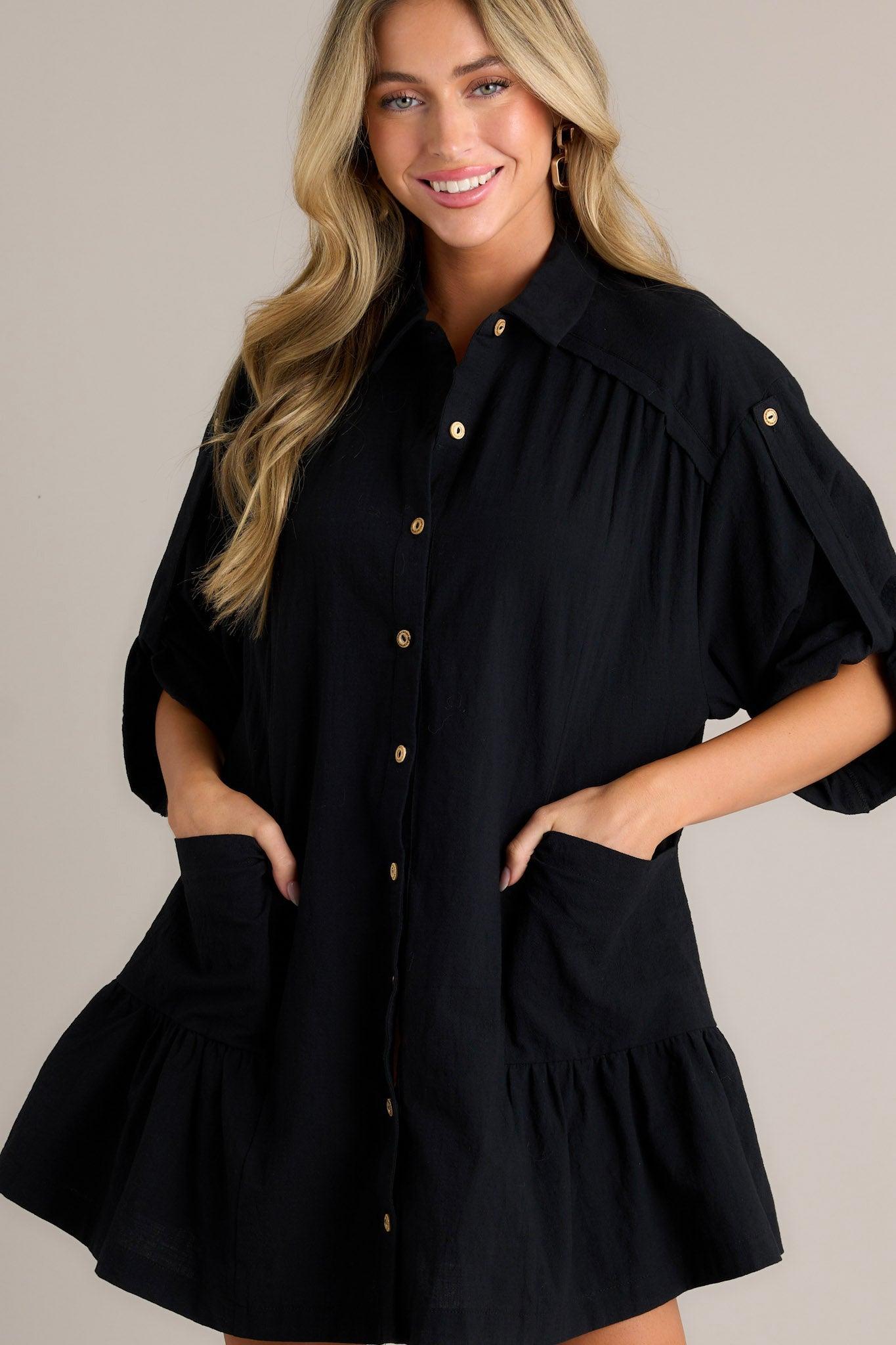 Posh Vision 100% Cotton Black Button Front Mini Dress Product Image