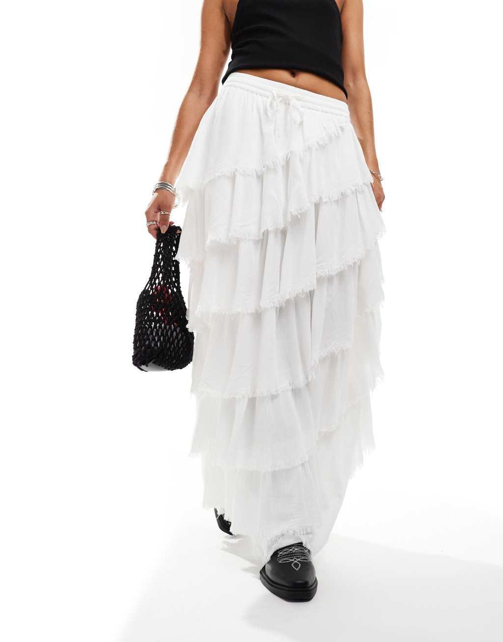 Miss Selfridge textured asymmetric tiered frayed edge maxi skirt in white Product Image