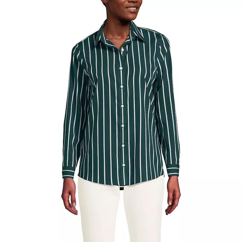 Petite Lands End No Iron Supima Cotton Long Sleeve Shirt, Womens Green Wide Stripe Product Image