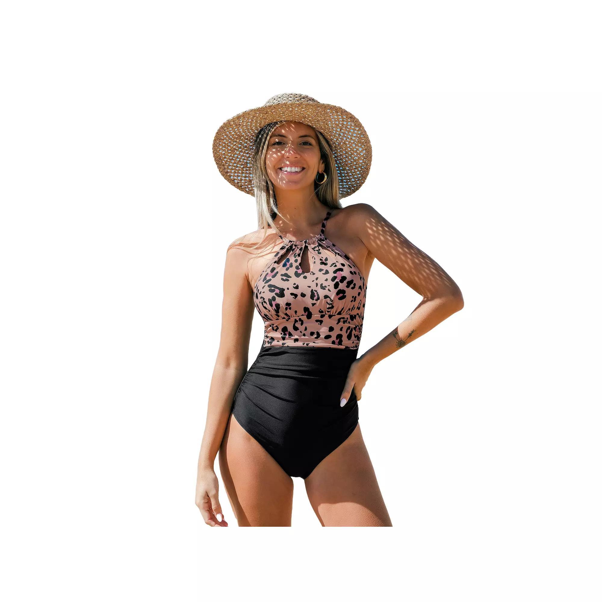 Women's Cupshe High Neck Tummy Control One-Piece Swimsuit, Size: Small, Brown Product Image