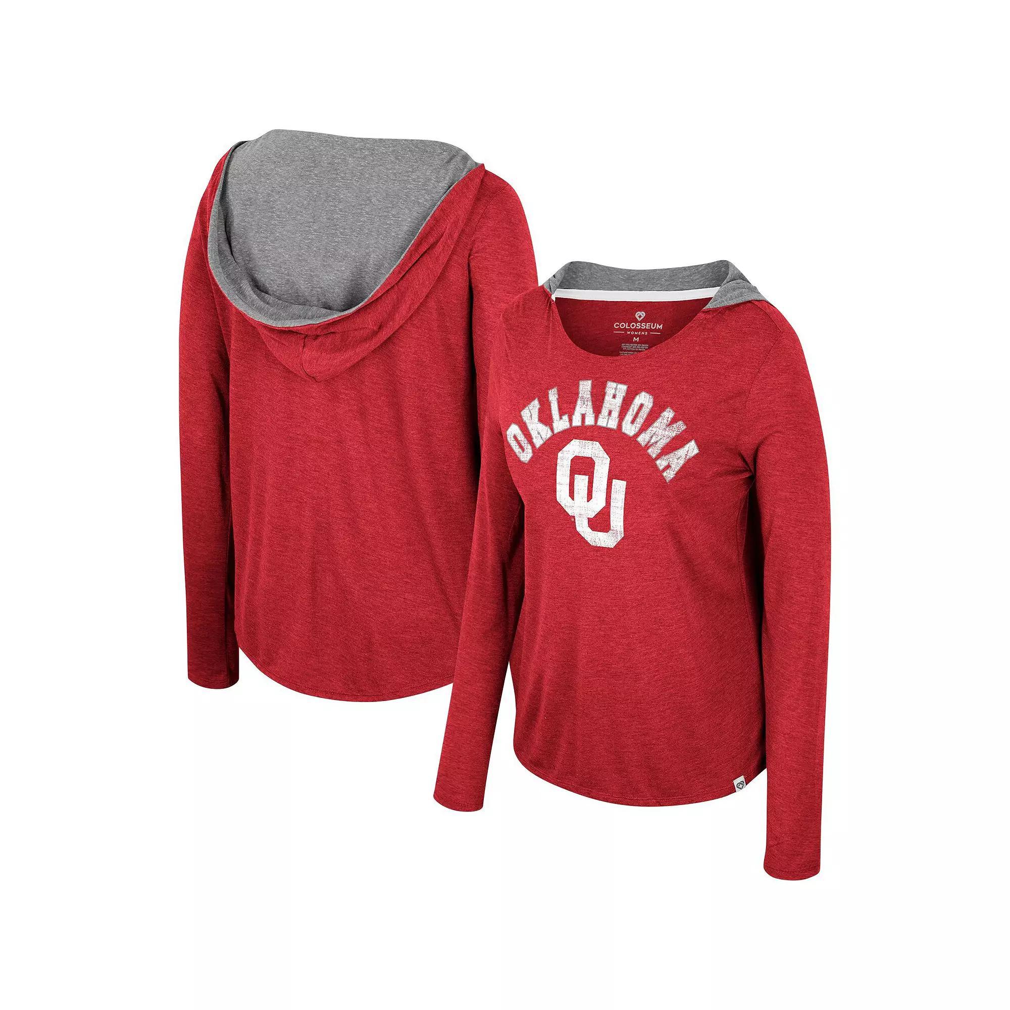 Women's Colosseum Crimson Oklahoma Sooners Distressed Heather Long Sleeve Hoodie T-Shirt,  Product Image