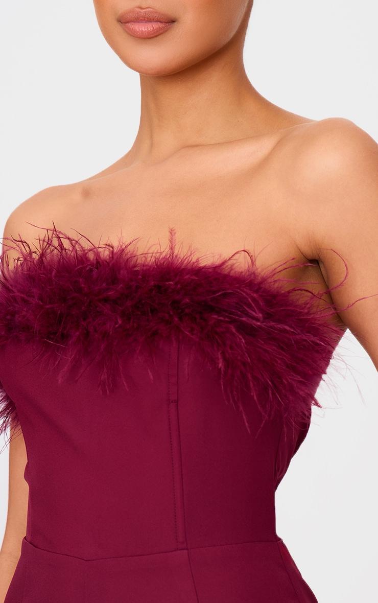 Burgundy Faux Fur Bandeau Straight Leg Jumpsuit Product Image