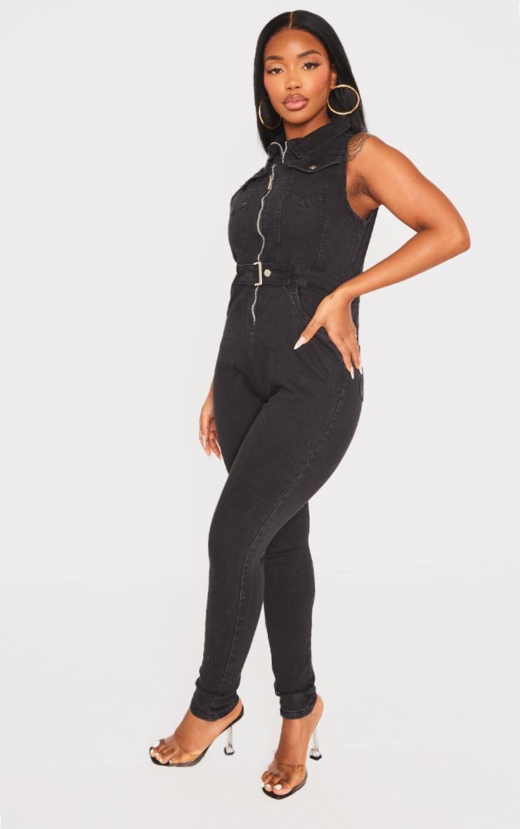 Shape Black Belted Detail Stretch Denim Jumpsuit Product Image