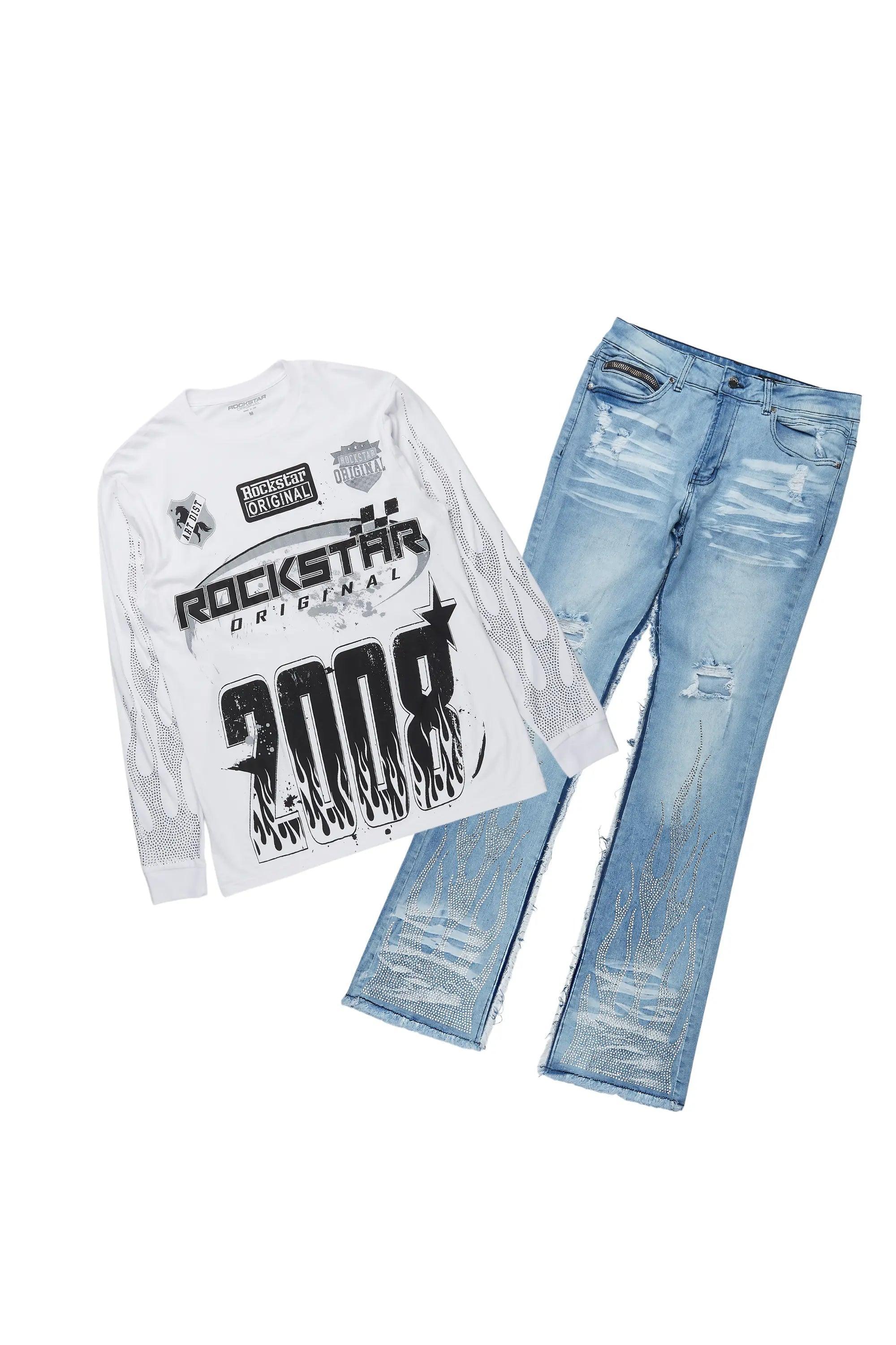 Amos White/Blue Rhinestone Long Sleeve T-Shirt/Stacked Flare Jean Set Male Product Image