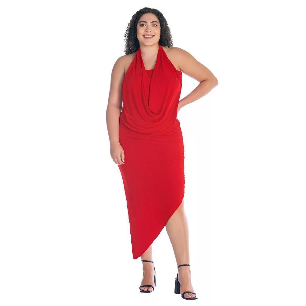 Plus Size 24Seven Comfort Apparel Cowlneck Long Asymmetrical Backless Halter Dress, Women's, Size: 3XL, Red Product Image